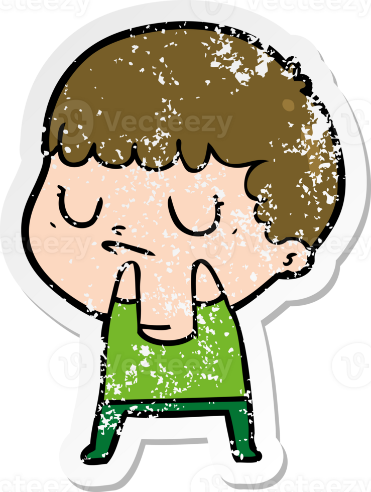 distressed sticker of a cartoon grumpy boy png