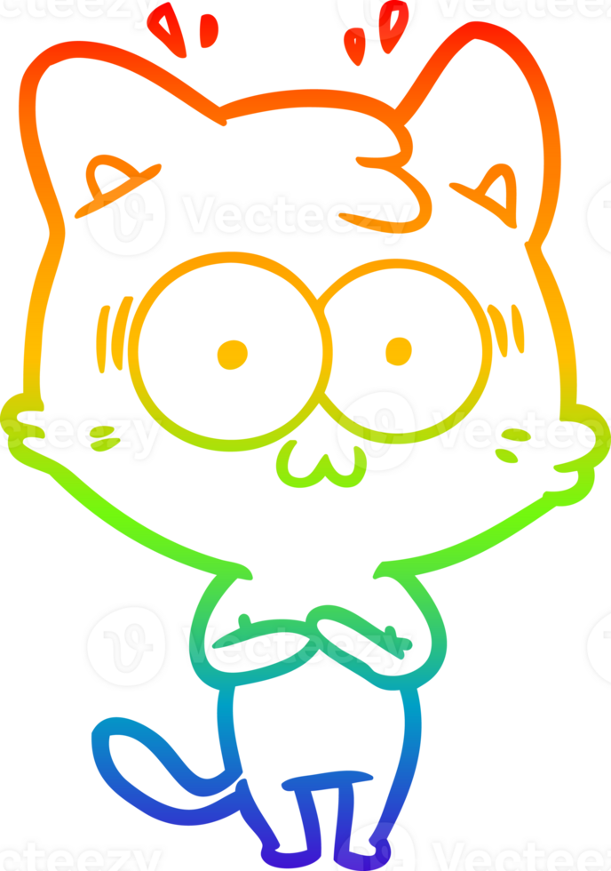 rainbow gradient line drawing of a cartoon surprised cat png
