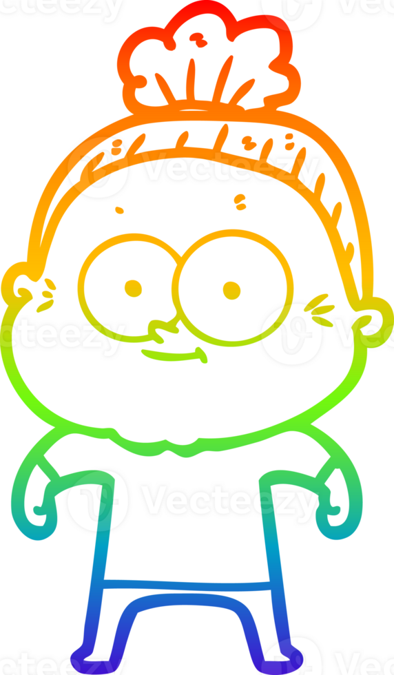 rainbow gradient line drawing of a cartoon happy old woman png