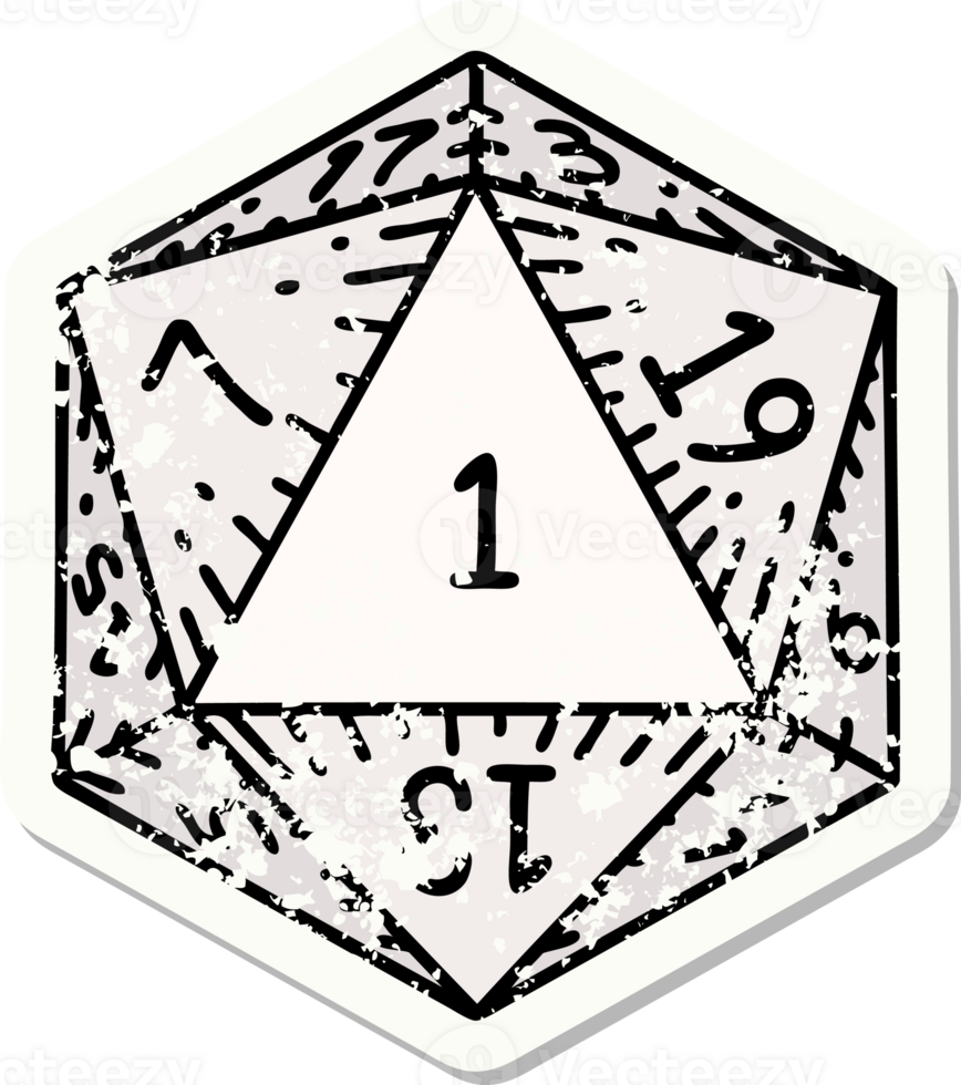 grunge sticker of a natural 1 D20 dice roll png