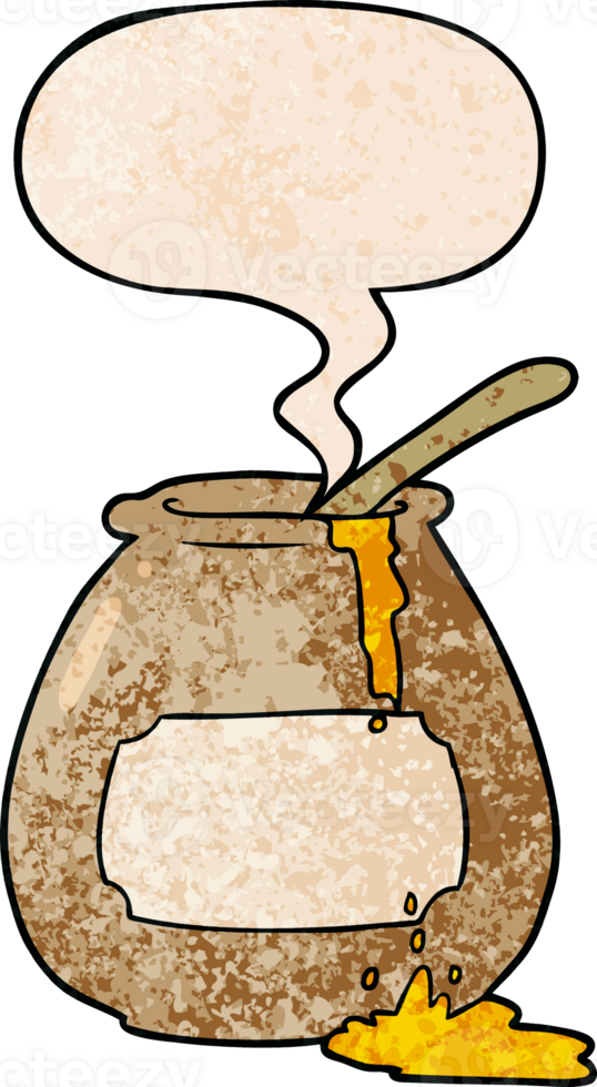 cartoon honey pot with speech bubble in retro texture style png