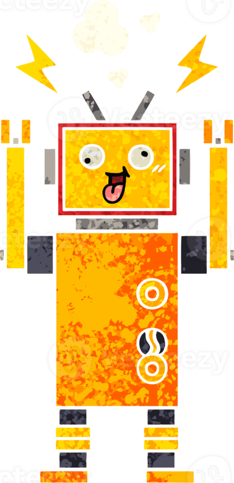 retro illustration style cartoon of a malfunctioning robot png