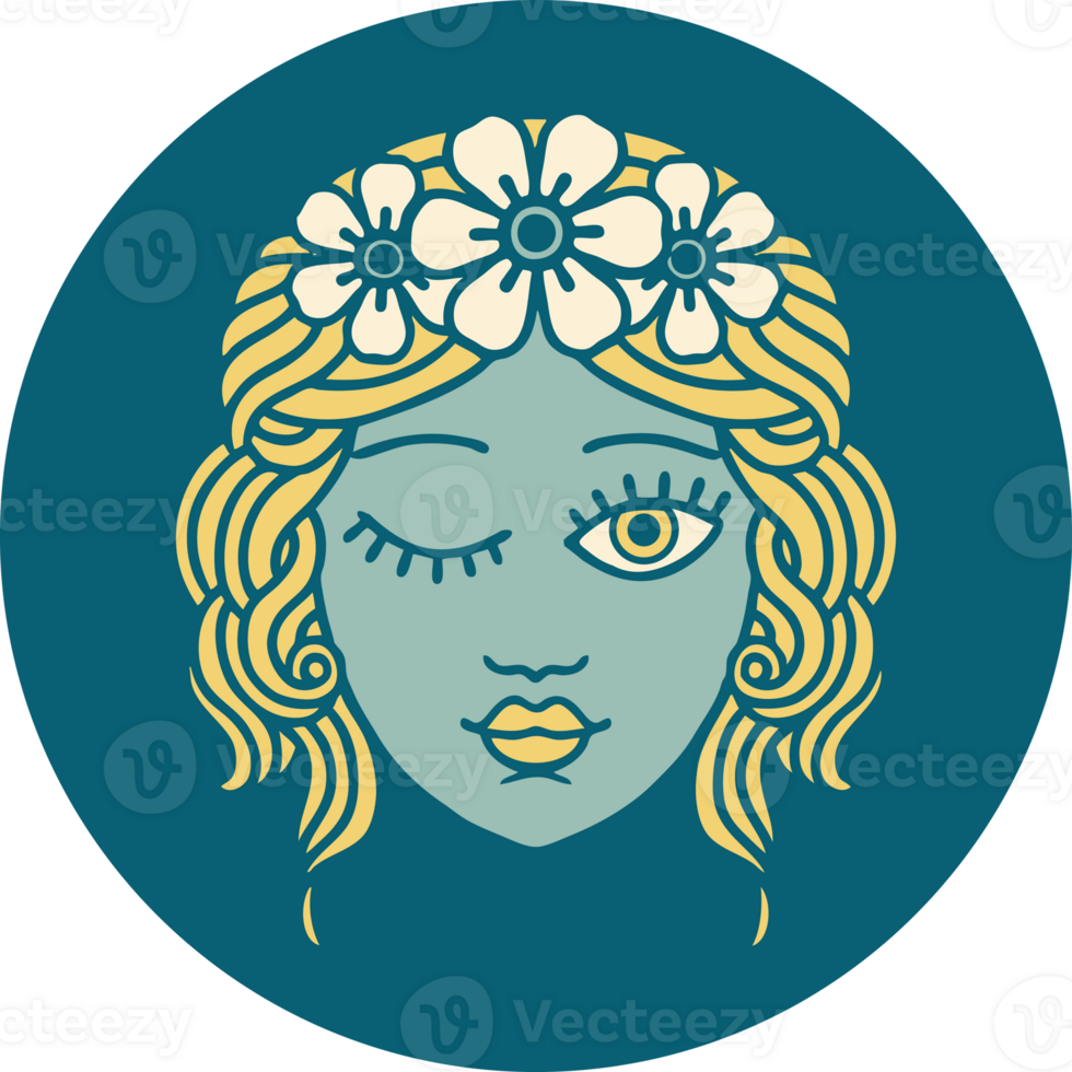 iconic tattoo style image of a maidens face winking png