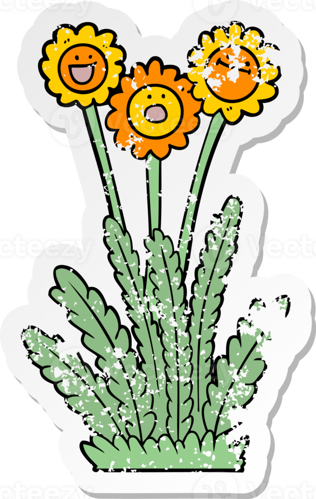 distressed sticker of a cartoon happy flowers png