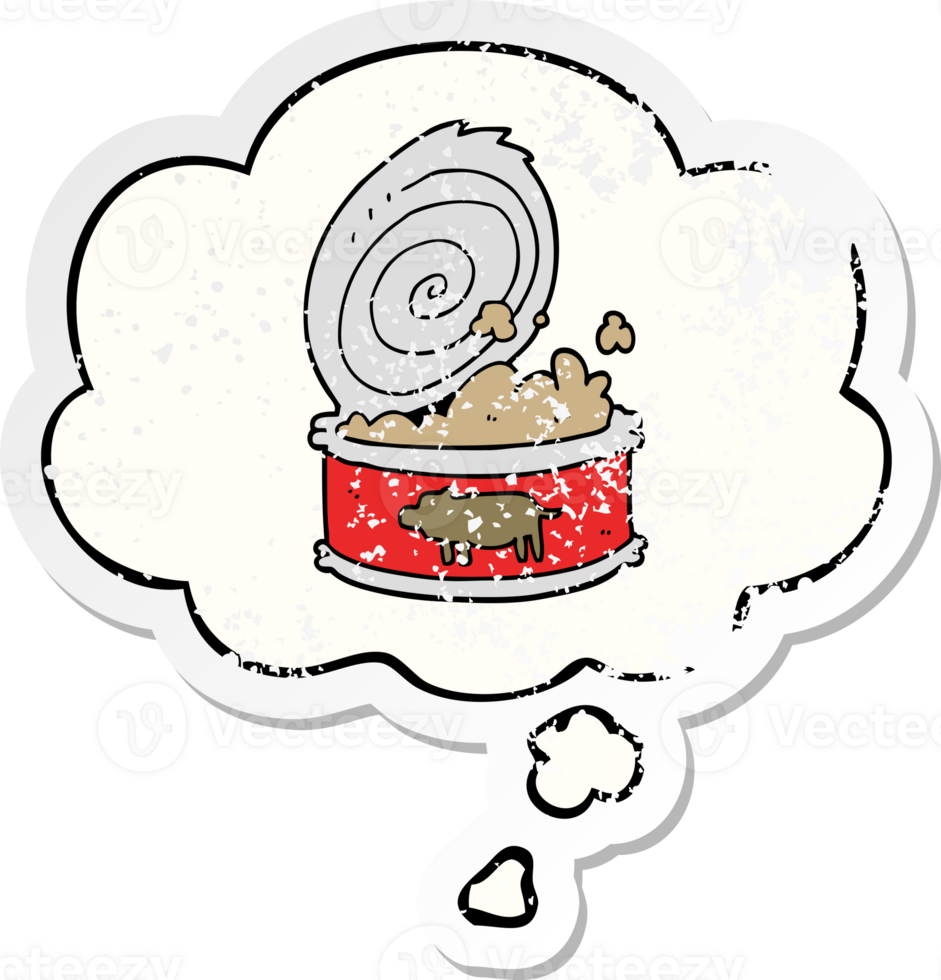 cartoon canned food with thought bubble as a distressed worn sticker png