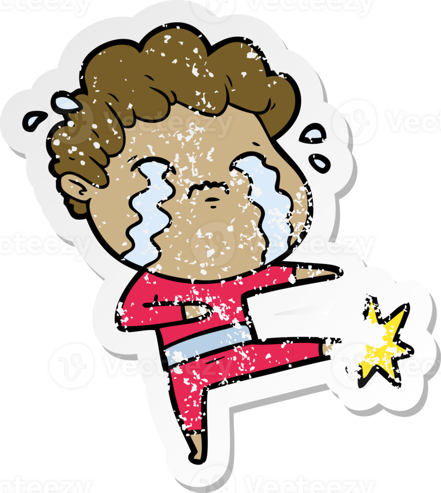 distressed sticker of a cartoon man crying png
