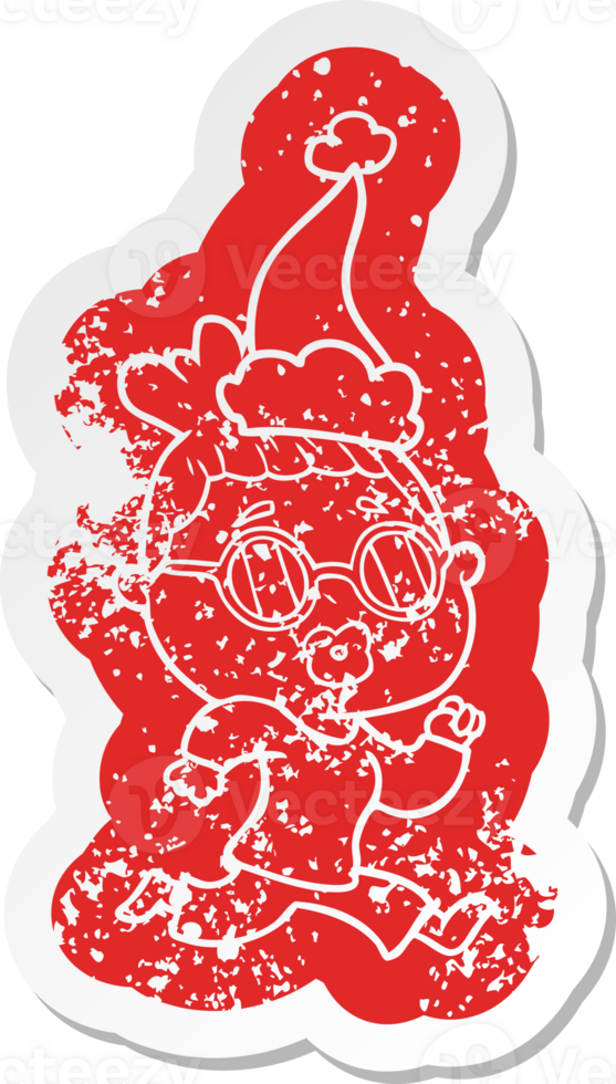 quirky cartoon distressed sticker of a woman wearing spectacles wearing santa hat png