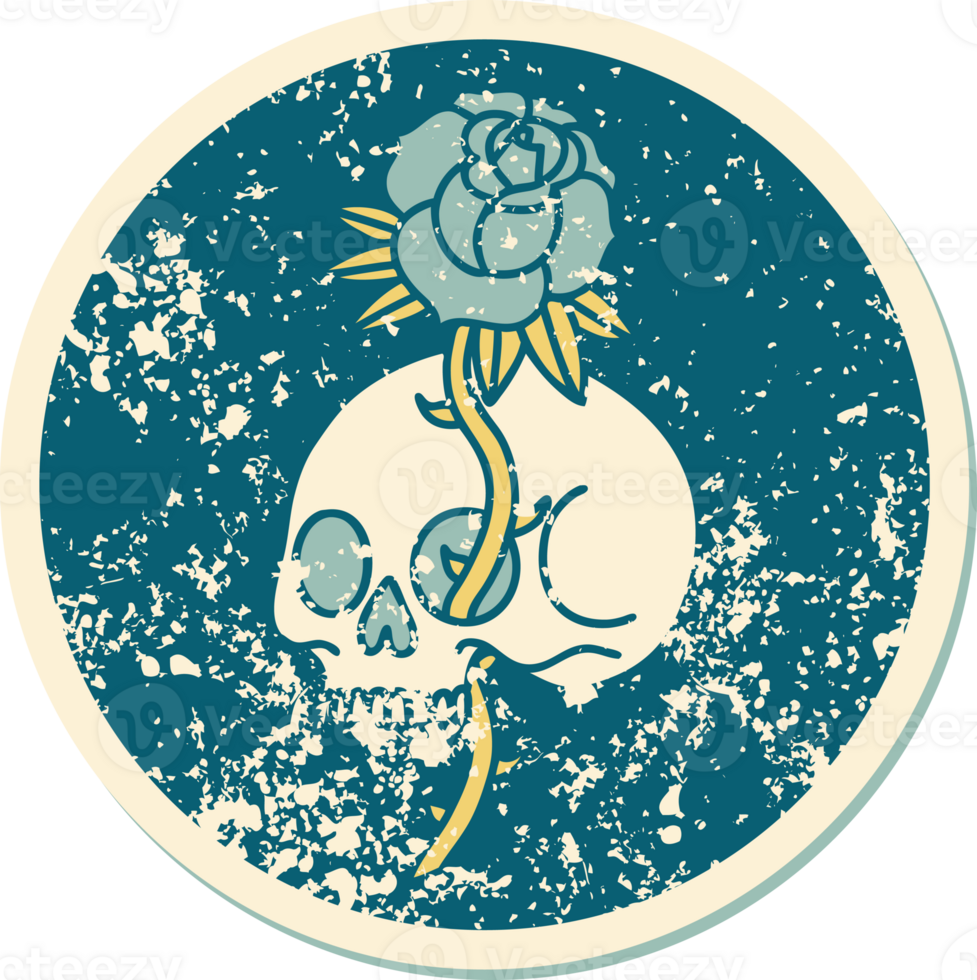iconic distressed sticker tattoo style image of a skull and rose png