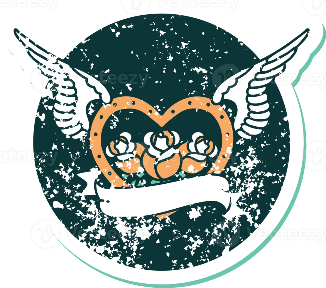 iconic distressed sticker tattoo style image of a flying heart with flowers and banner png
