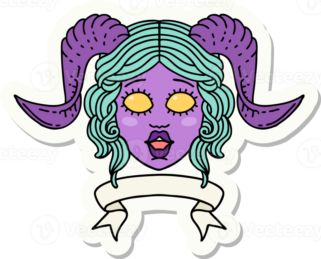sticker of a tiefling character face with scroll banner png