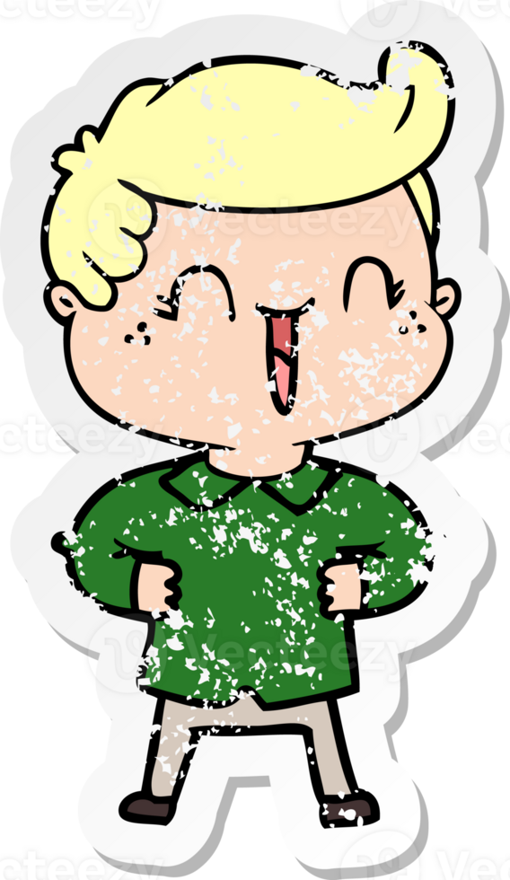 distressed sticker of a cartoon laughing boy with hands on hips png