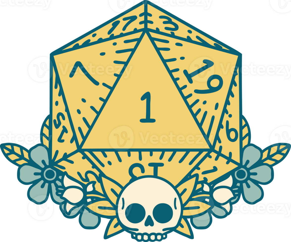 Retro Tattoo Style natural one dice roll with floral elements png