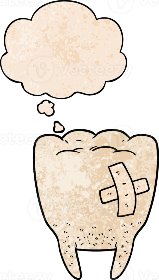 cartoon bad tooth with thought bubble in grunge texture style png