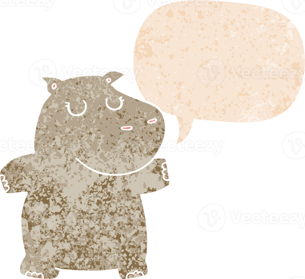 cartoon hippo with speech bubble in grunge distressed retro textured style png