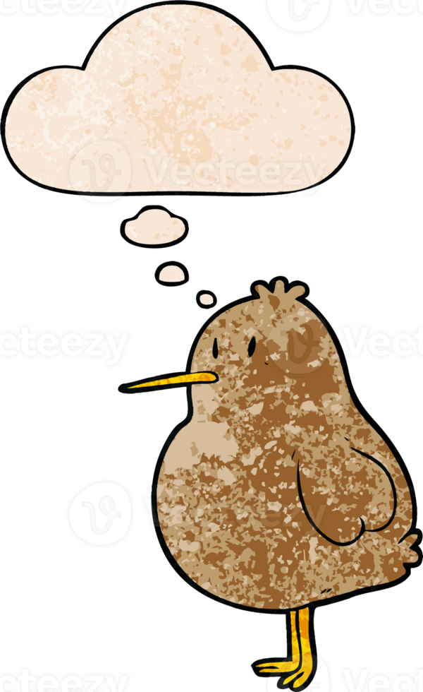 cartoon kiwi bird with thought bubble in grunge texture style png