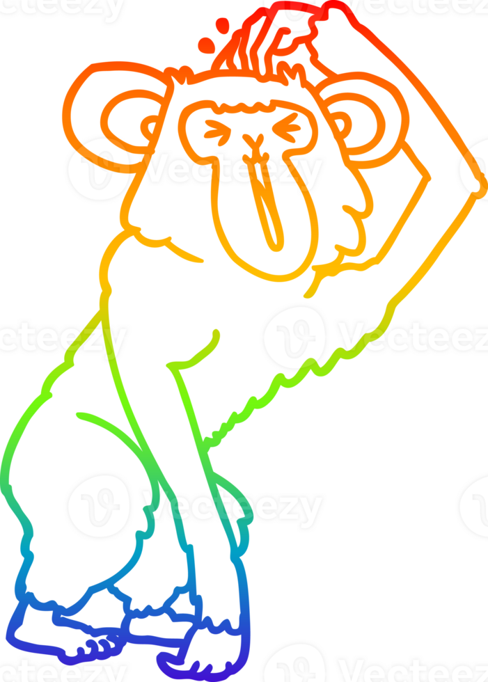 rainbow gradient line drawing of a cartoon chimp scratching head png