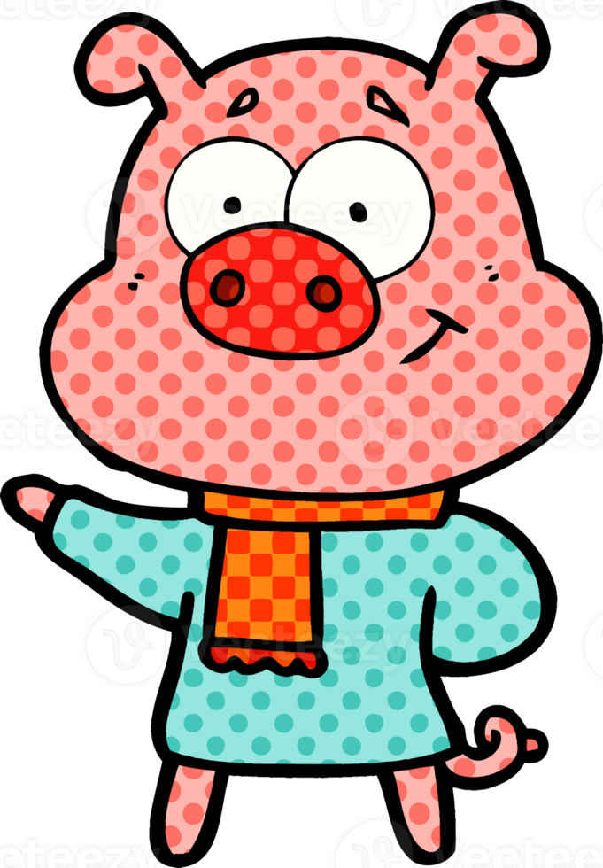 happy cartoon pig wearing warm clothes png