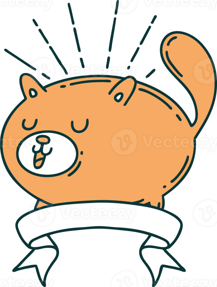 scroll banner with tattoo style happy cat png