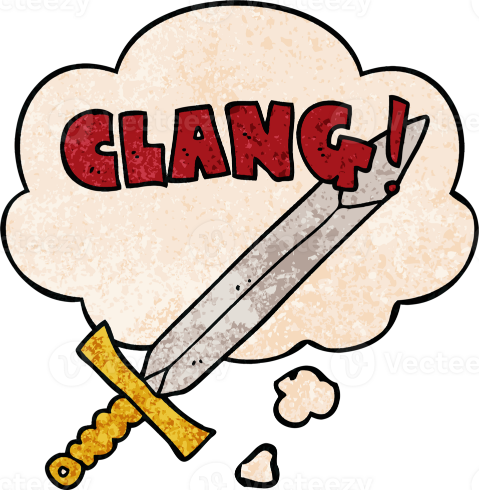 cartoon clanging sword with thought bubble in grunge texture style png
