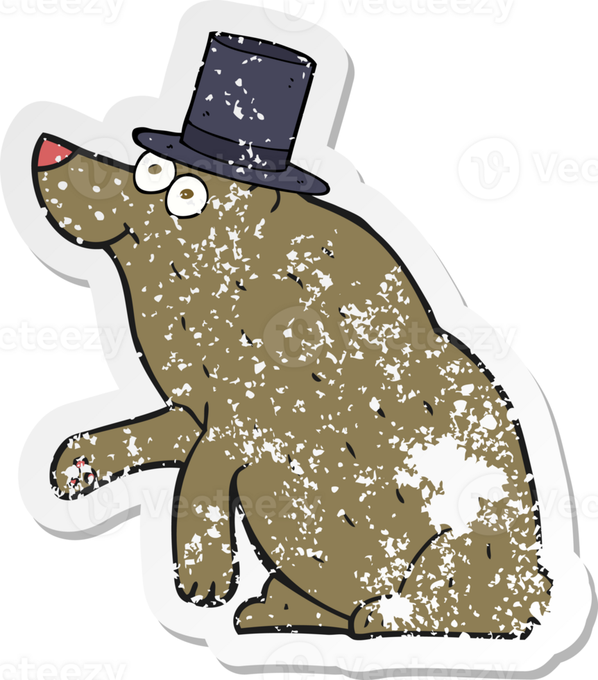 retro distressed sticker of a cartoon bear in top hat png