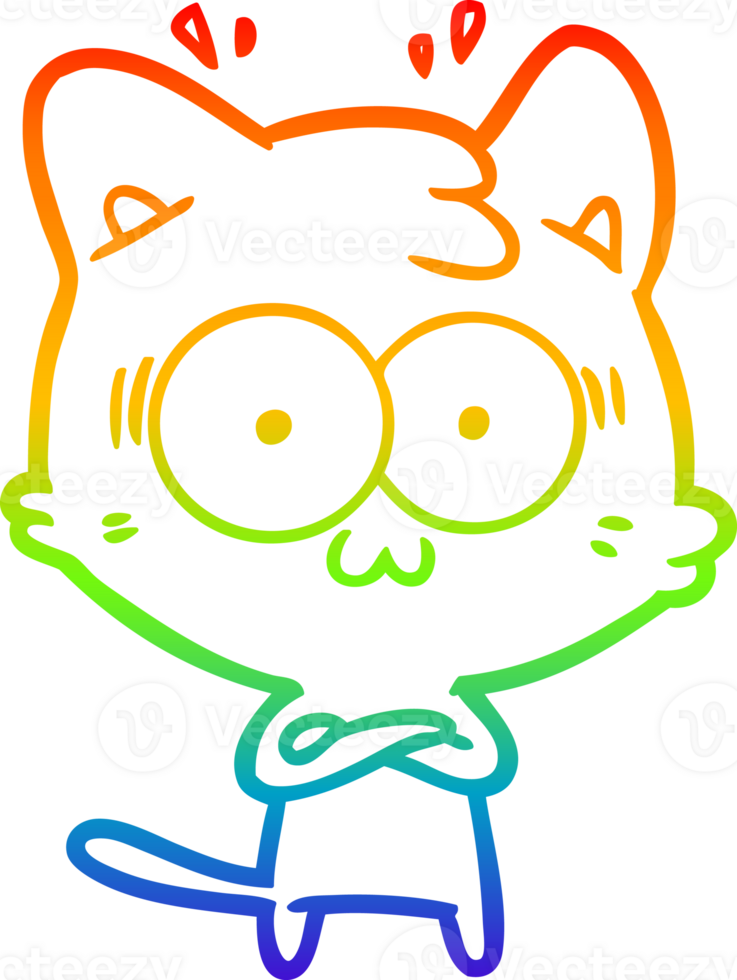 rainbow gradient line drawing of a cartoon surprised cat png