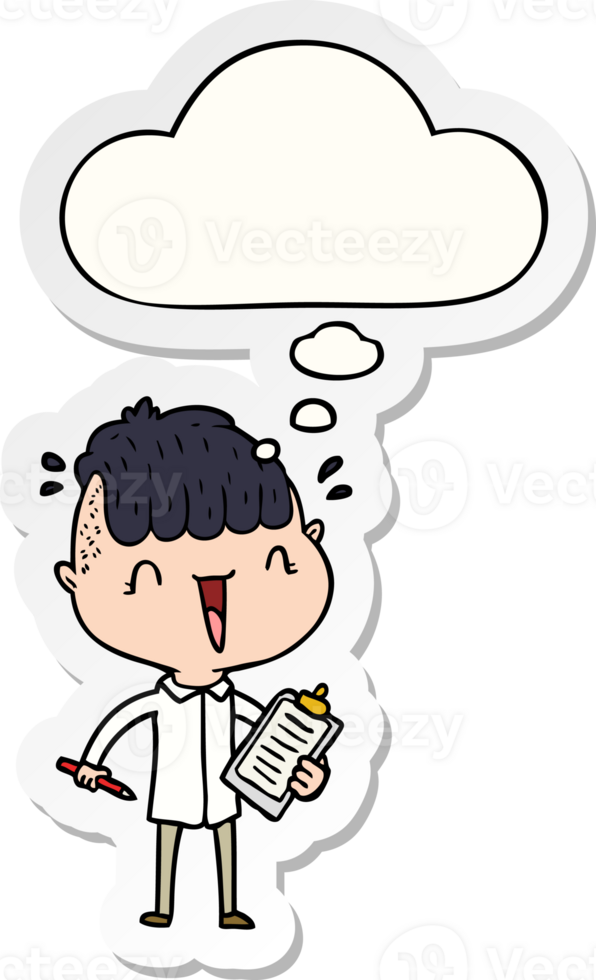 cartoon happy boy surprised with thought bubble as a printed sticker png