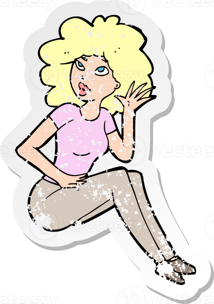 retro distressed sticker of a cartoon woman listening png