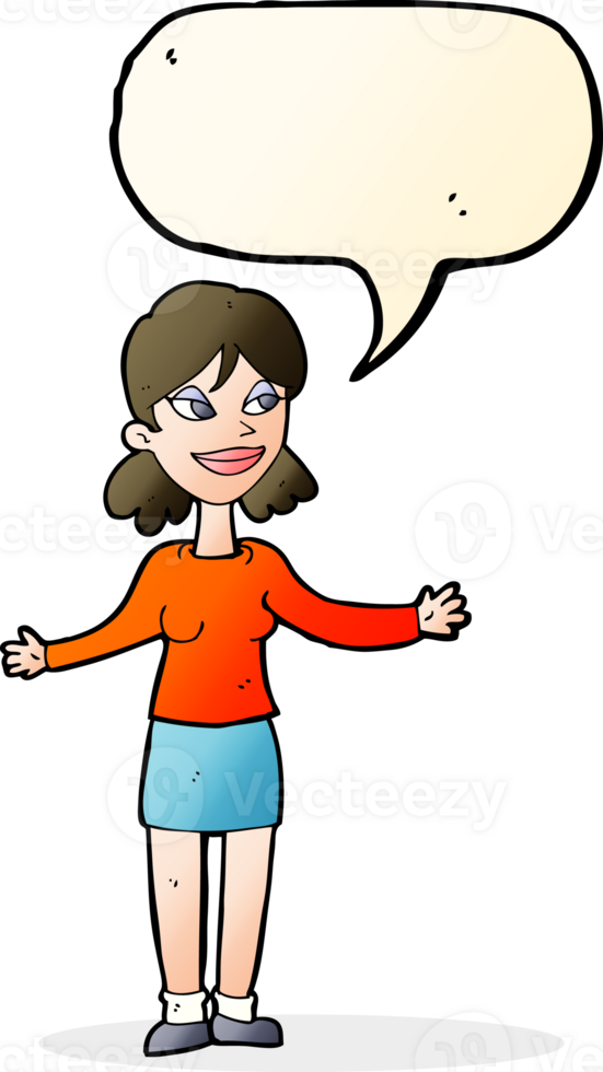 cartoon happy woman shrugging shoulders with speech bubble png