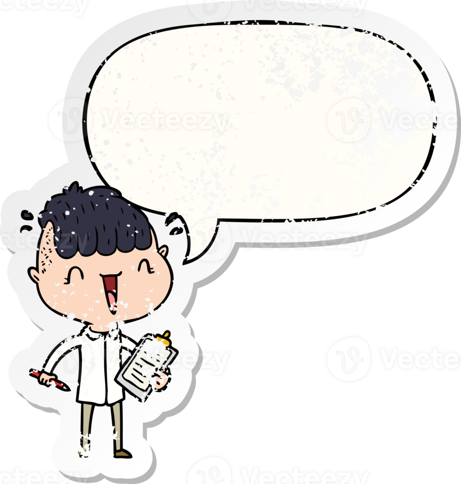 cartoon happy boy surprised with speech bubble distressed distressed old sticker png