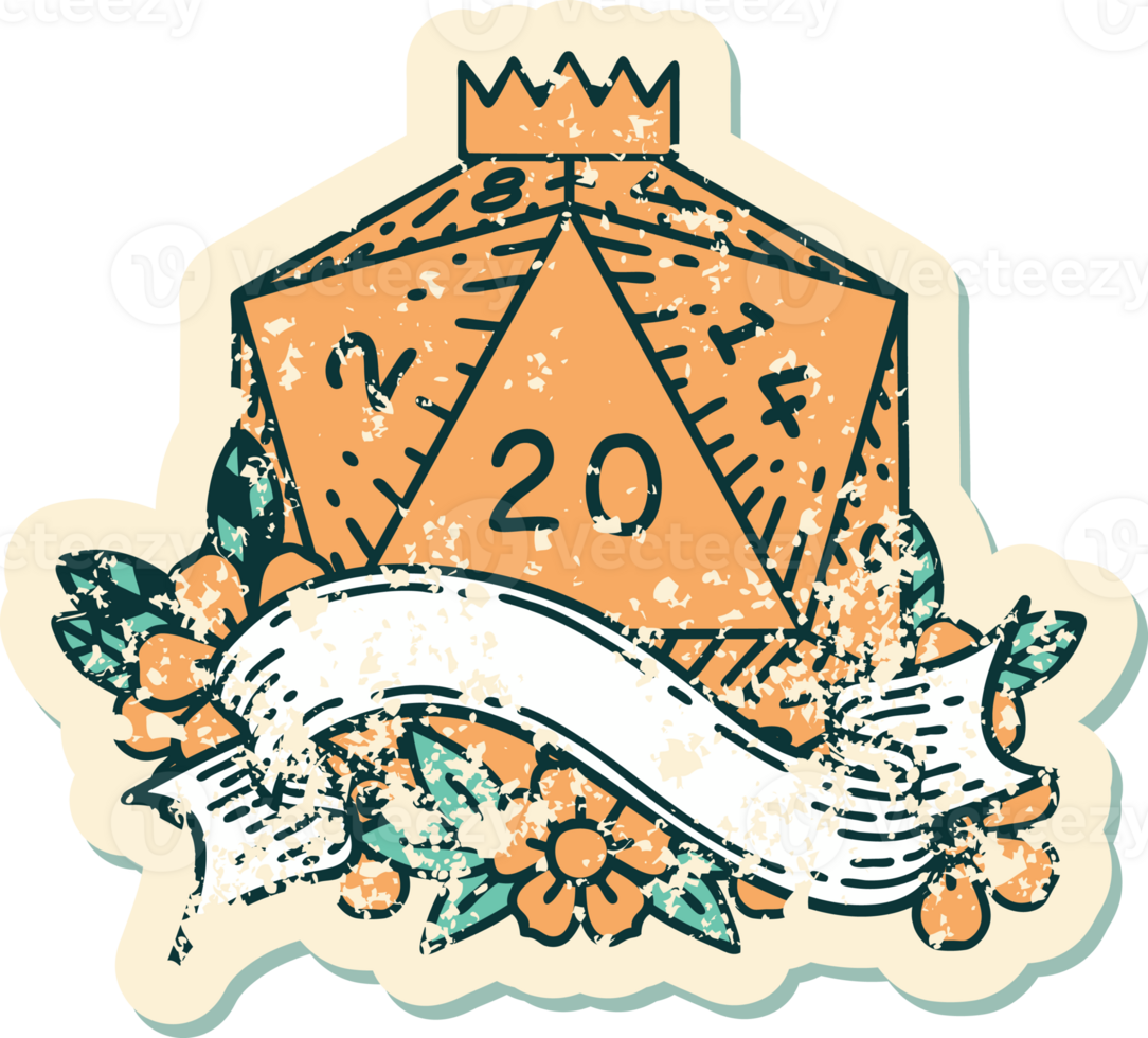 Retro Tattoo Style natural twenty D20 dice roll png