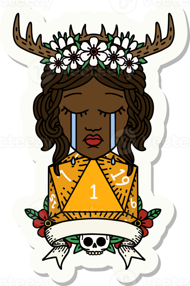 sticker of a crying human druid with natural one roll png