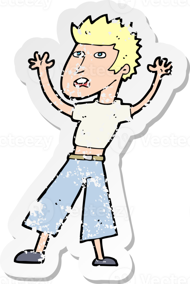 retro distressed sticker of a cartoon man panicking png