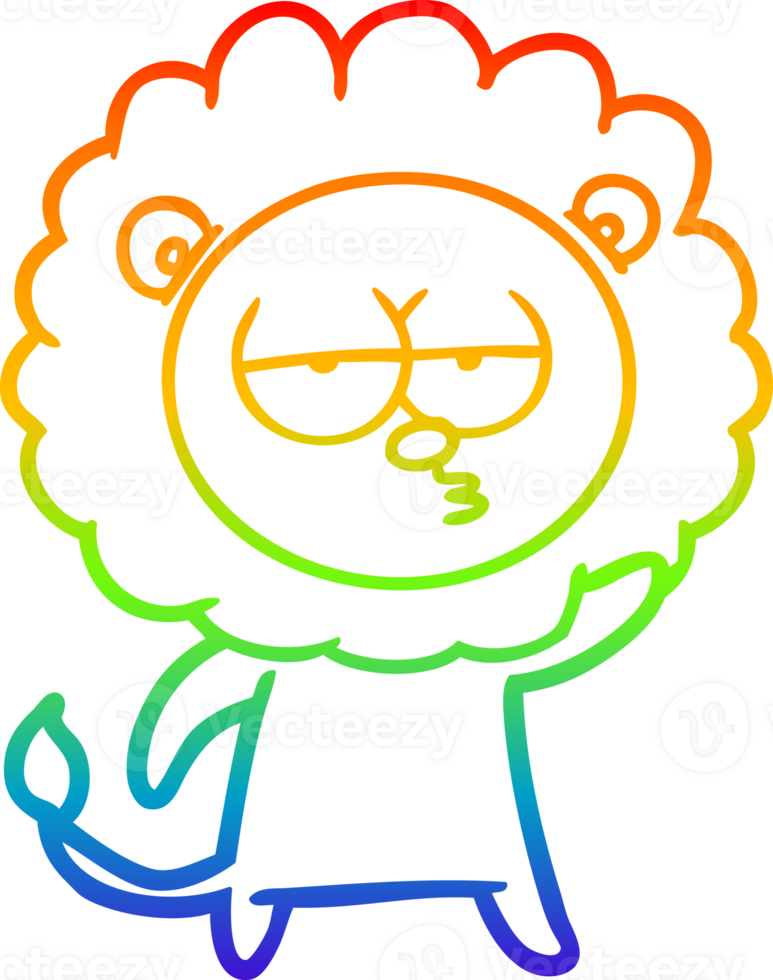 rainbow gradient line drawing of a cartoon bored lion waving png