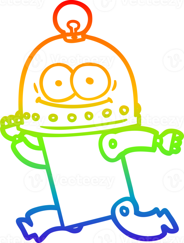 rainbow gradient line drawing of a happy carton robot with light bulb png