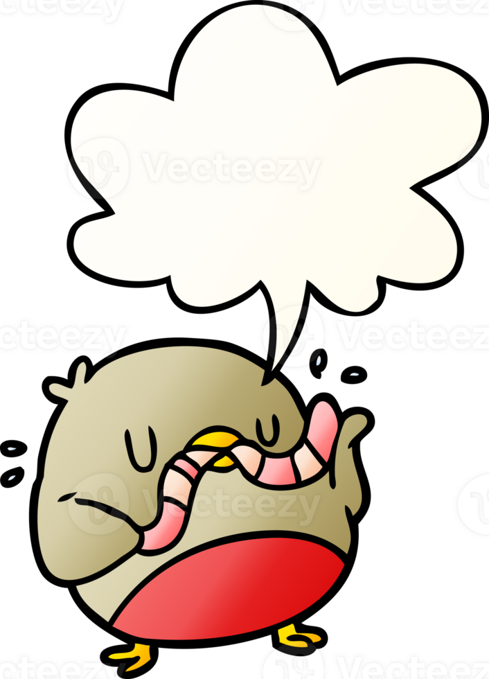 cartoon bird eating worm with speech bubble in smooth gradient style png
