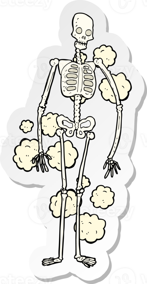 sticker of a cartoon dusty old skeleton png