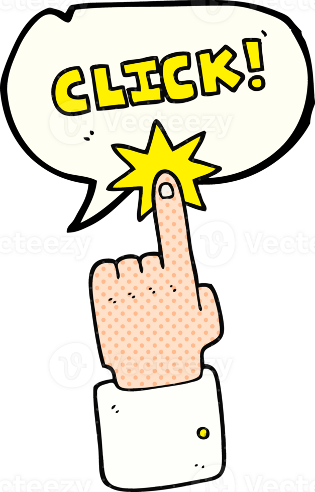 mano disegnato comico libro discorso bolla cartone animato clic cartello con dito png