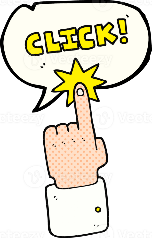 hand drawn comic book speech bubble cartoon click sign with finger png
