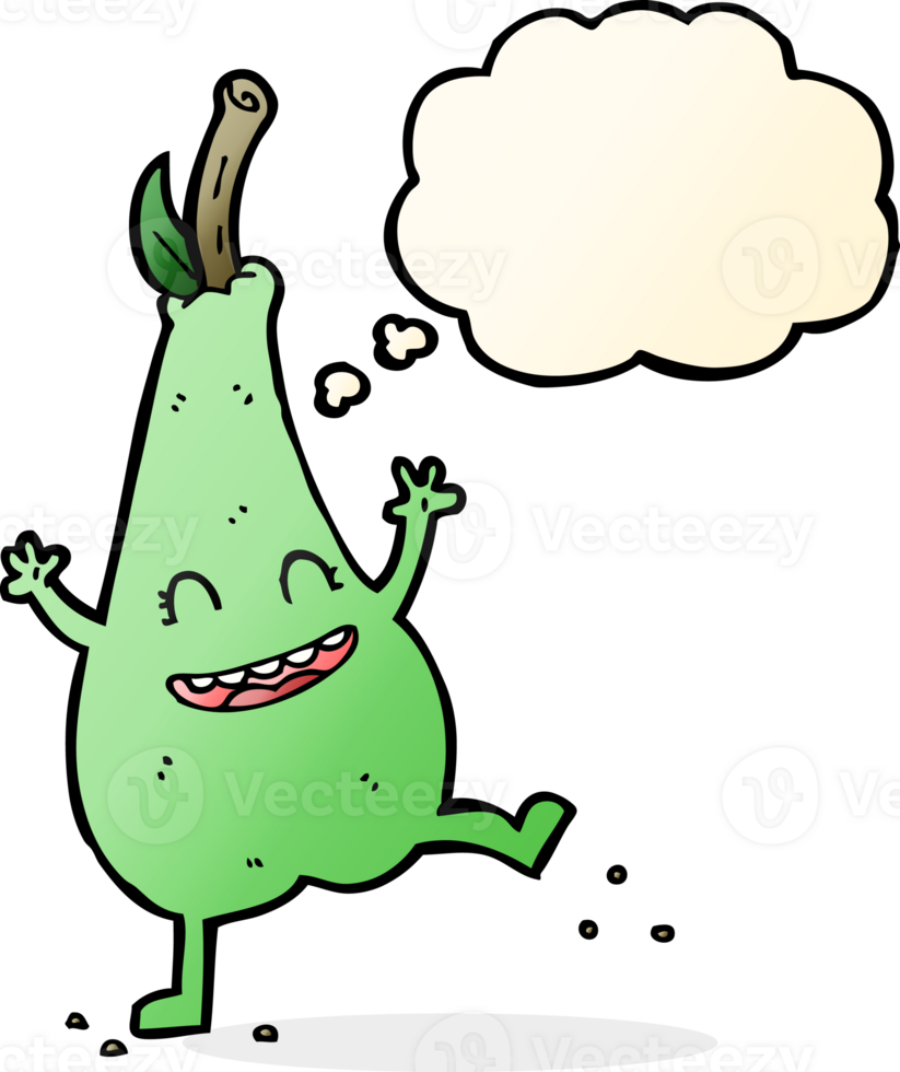 cartoon happy dancing pear with thought bubble png