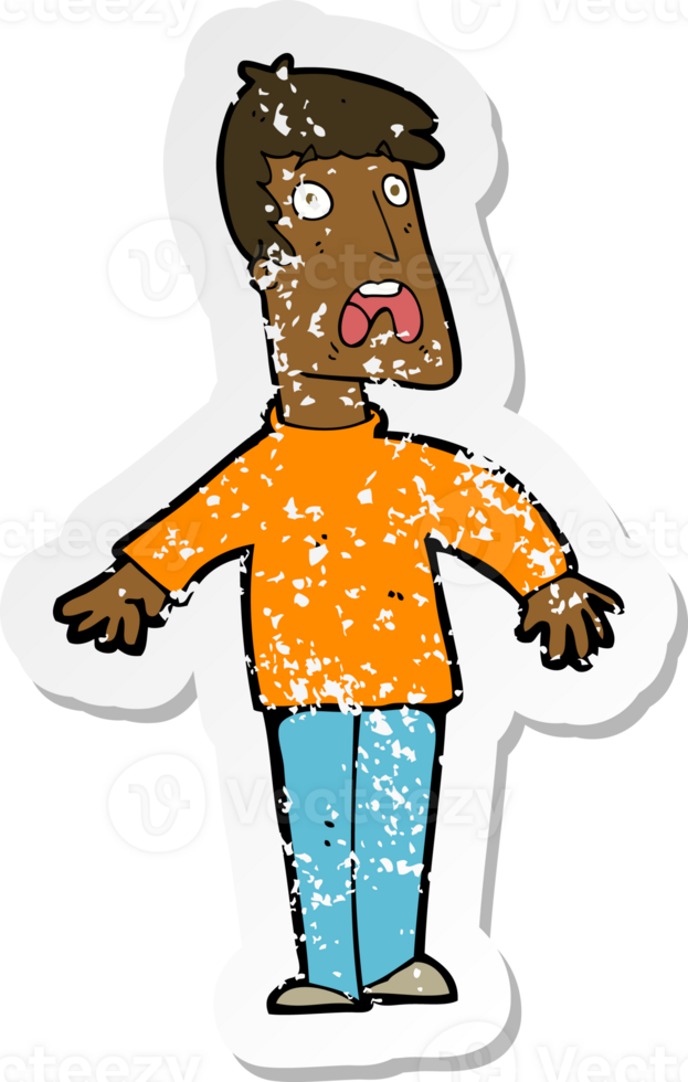 retro distressed sticker of a cartoon terrified man png