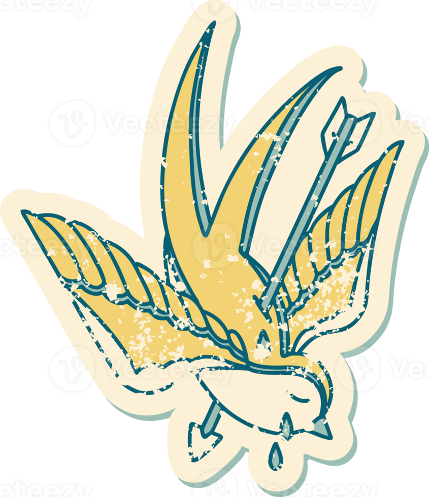 iconic distressed sticker tattoo style image of a swallow pierced by arrow png