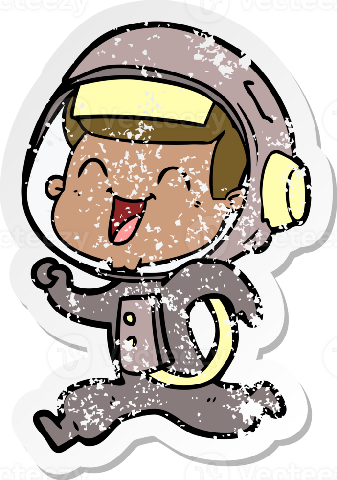 distressed sticker of a happy cartoon astronaut png