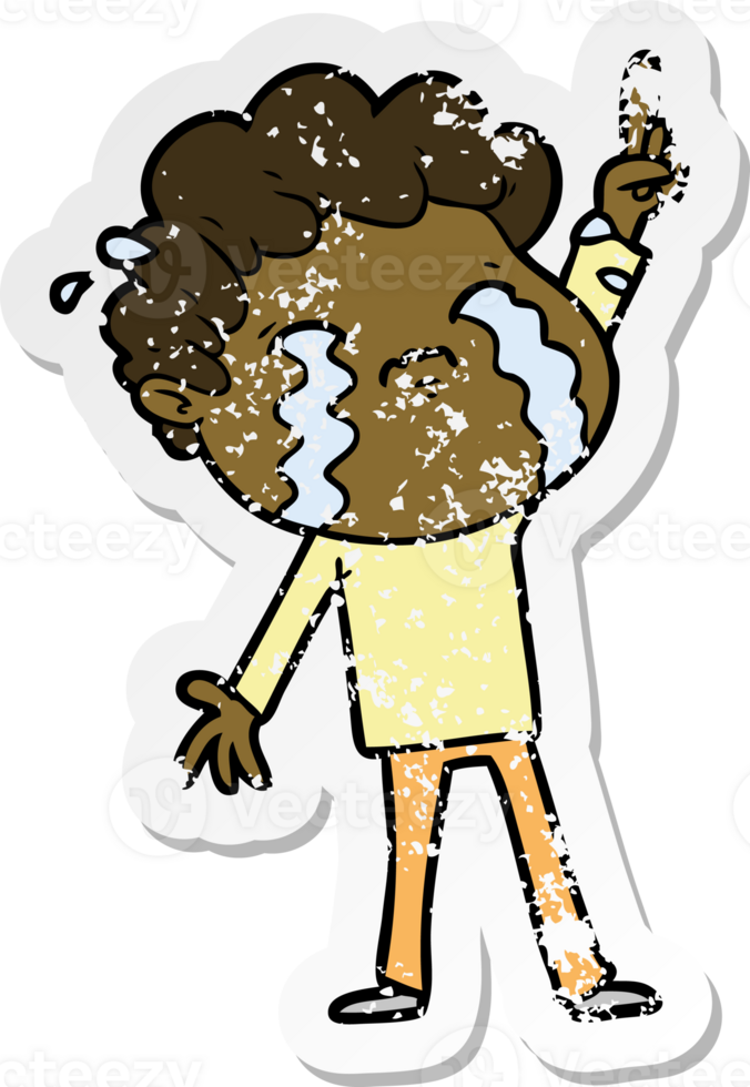 distressed sticker of a cartoon man crying png