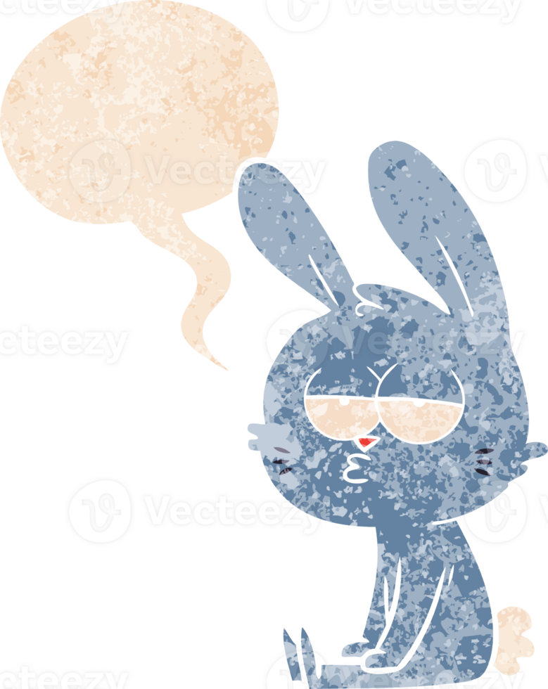 cute cartoon rabbit with speech bubble in grunge distressed retro textured style png