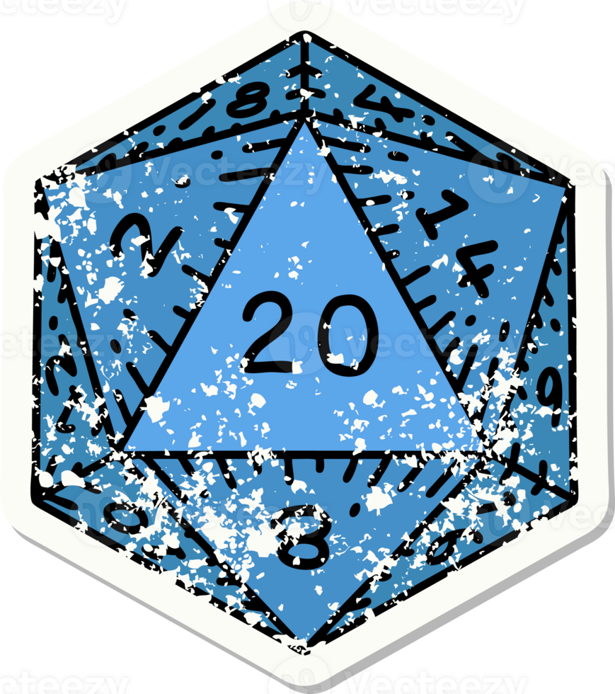 grunge sticker of a natural 20 D20 dice roll png