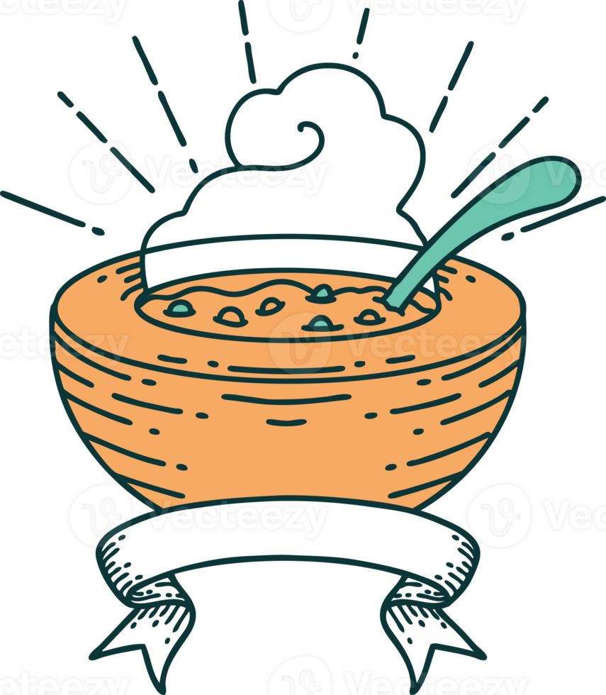scroll banner with tattoo style bowl of soup png