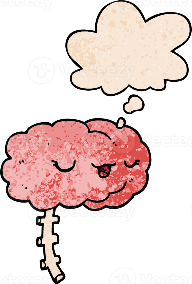 happy cartoon brain with thought bubble in grunge texture style png