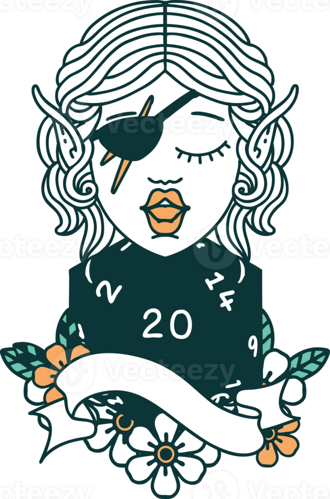 Retro Tattoo Style elf rogue character with natural twenty dice roll png