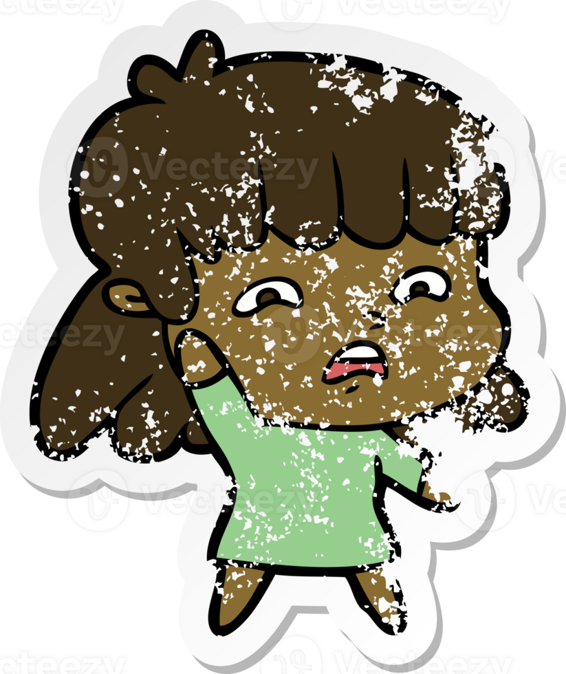 distressed sticker of a cartoon worried woman png