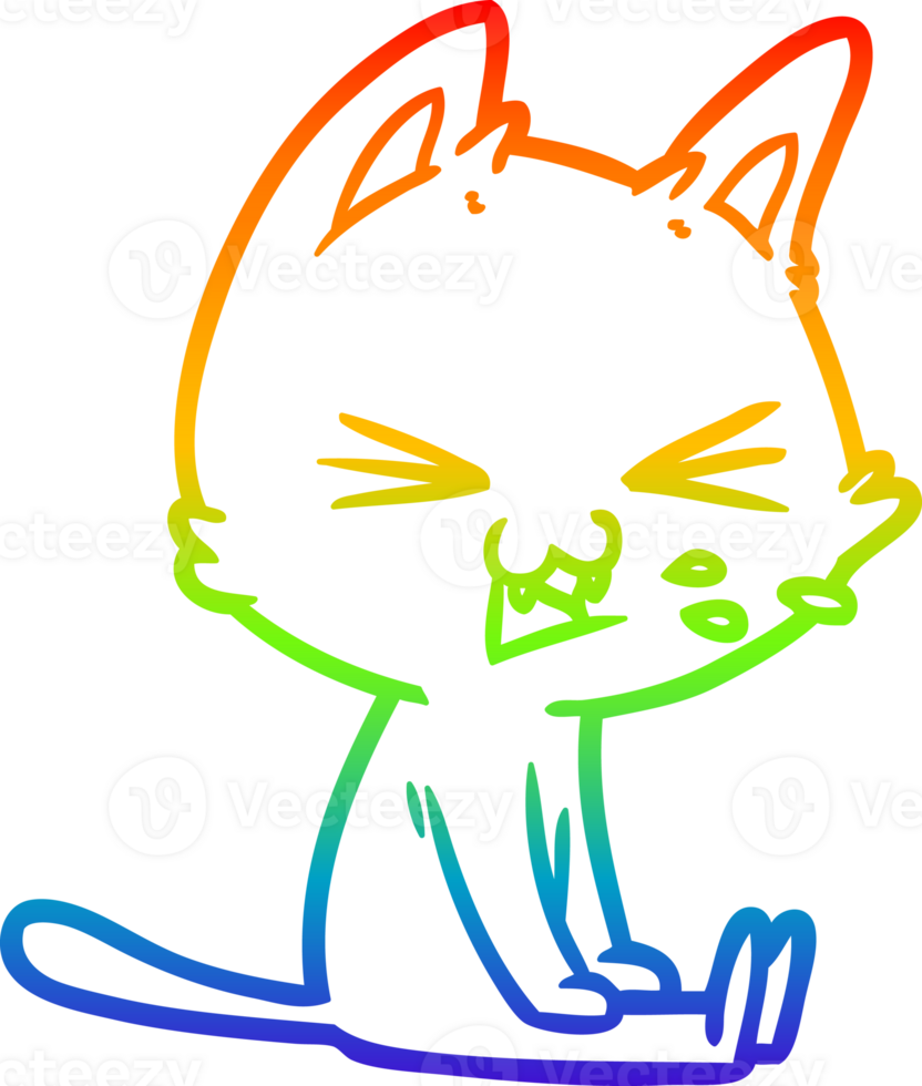 rainbow gradient line drawing of a cartoon sitting cat hissing png